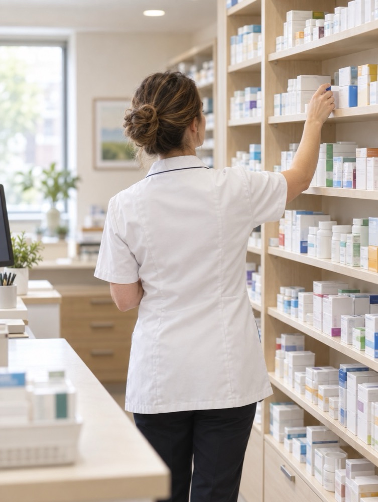 A pharmacist reaching for a medicine box in our dispensary
