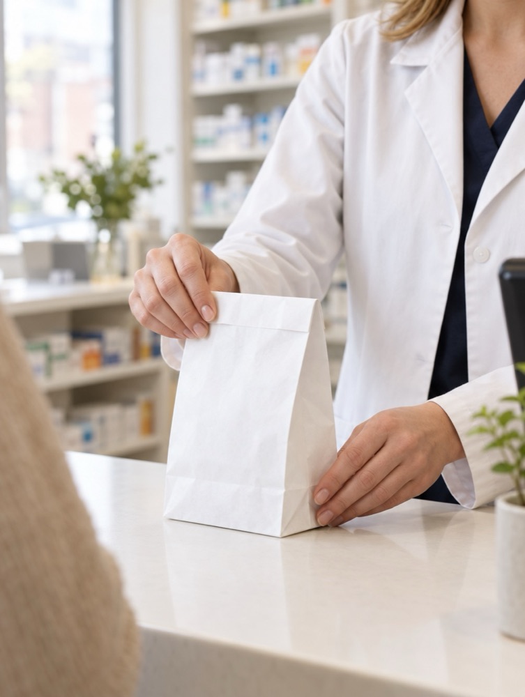 A pharmacist placing a prescription bag on a counter