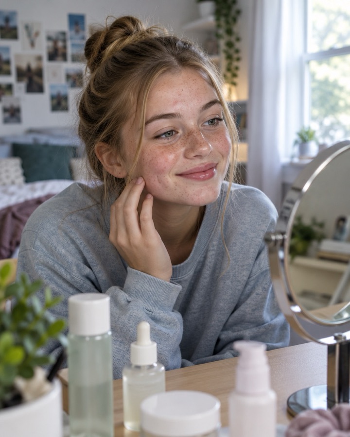 A teenage girl smiling into a mirror