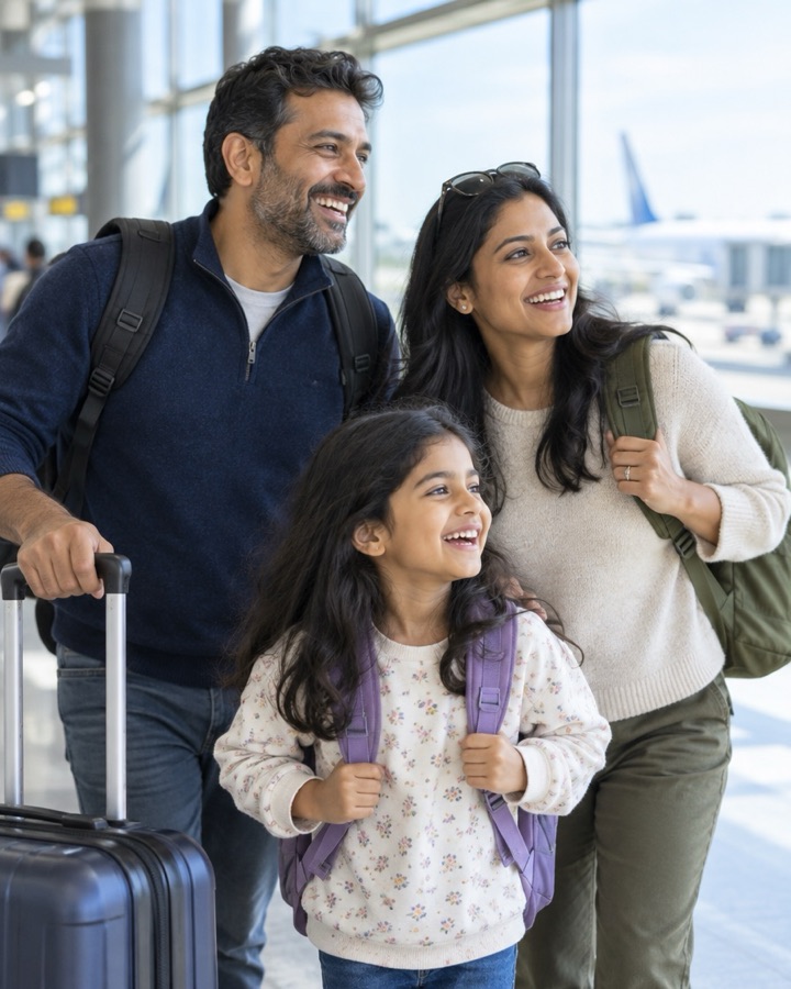 A family with backpacks at an airport