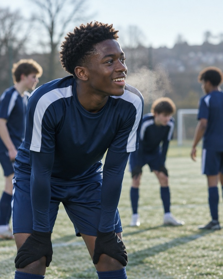 A teenage footballer catching his breath