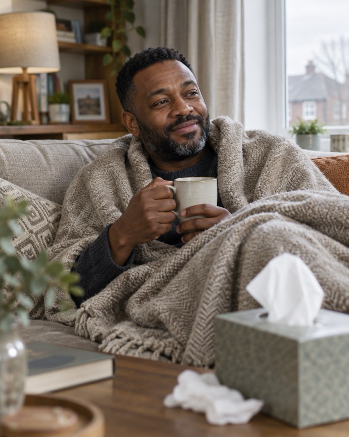 A man wrapped in a blanket with a hot drink