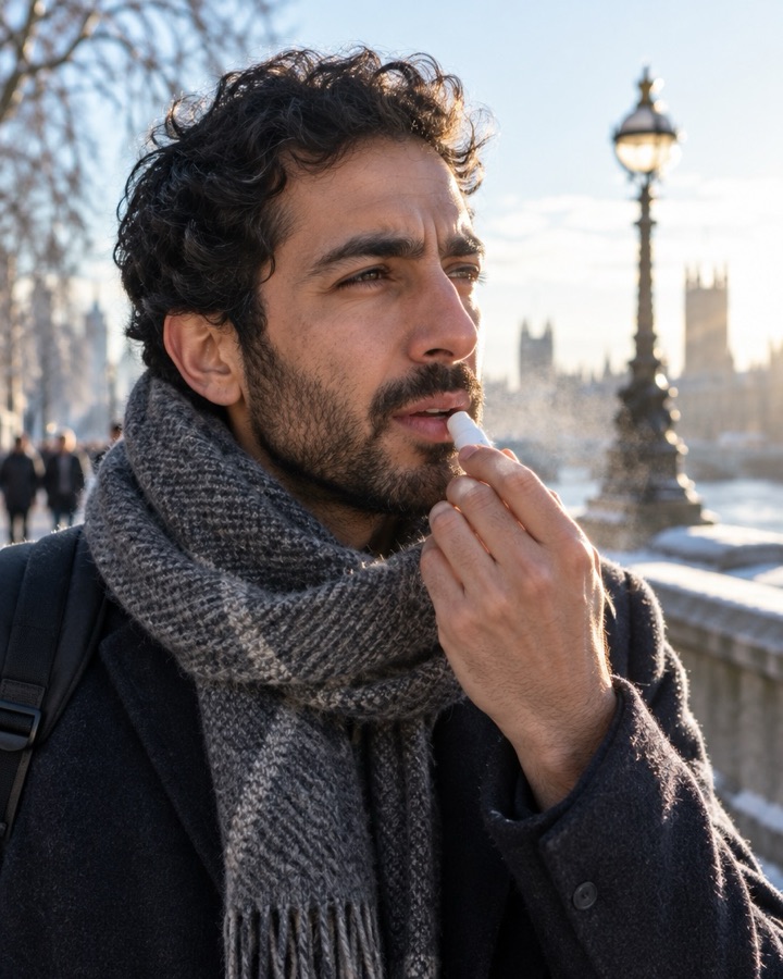 A man applying lip balm on a cold street