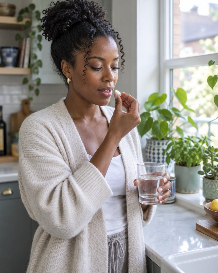 A woman taking a tablet with a glass of water