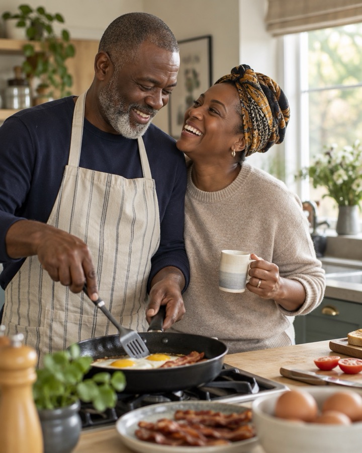 A couple in their fifties cooking breakfast together