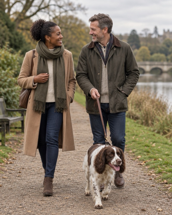 A couple walking a spaniel in a park