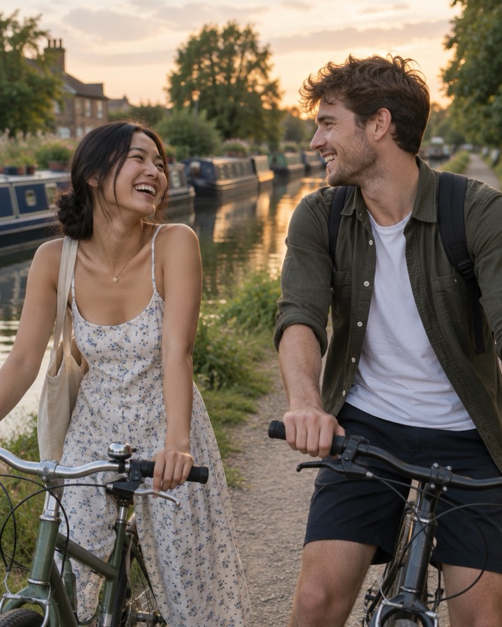 A young couple on bicycles by a canal