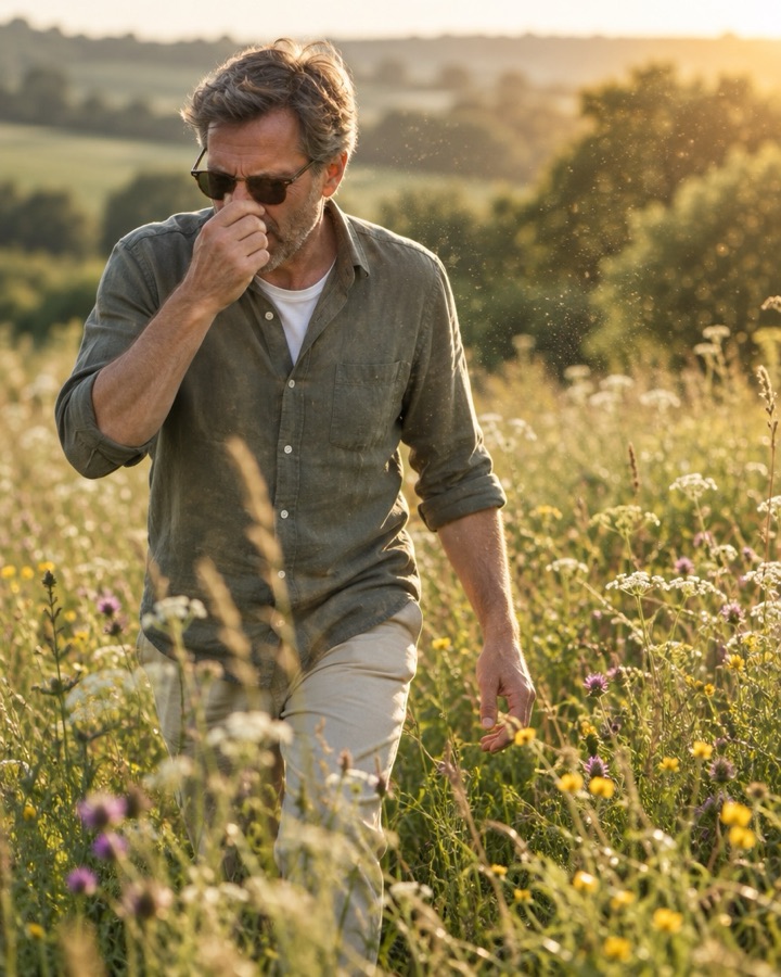 A man about to sneeze in a summer meadow
