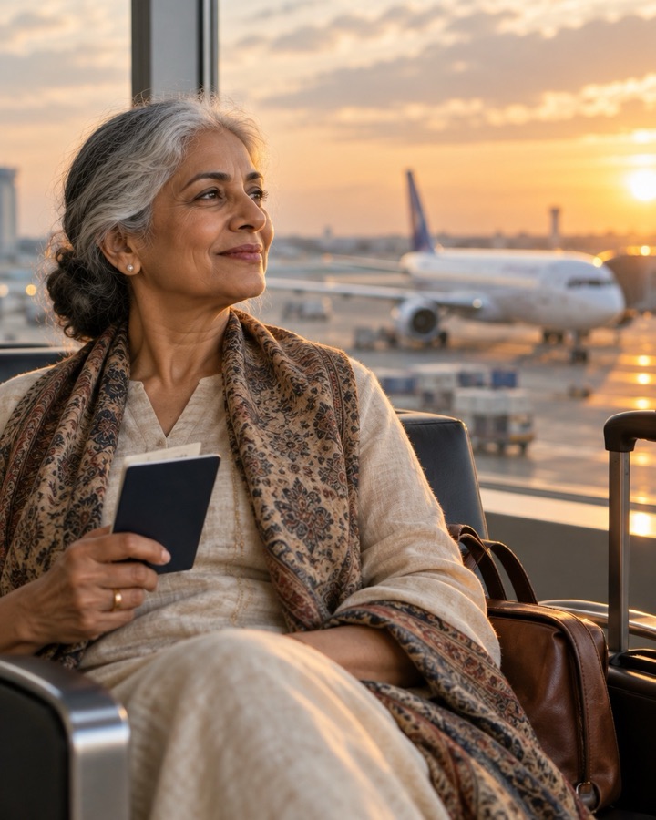 An older woman holding a passport at an airport window