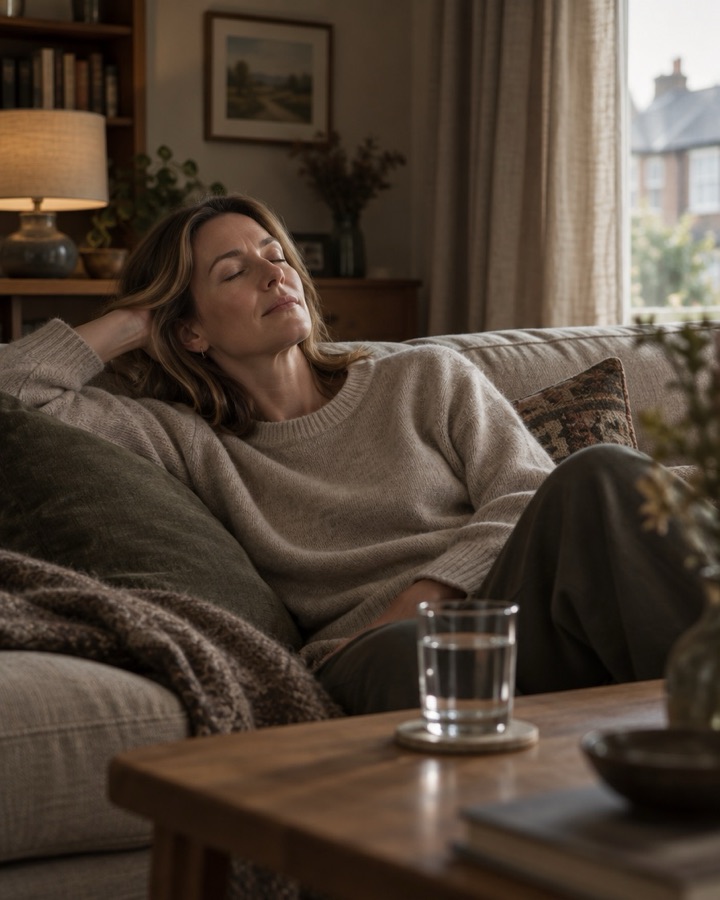 A woman resting on a sofa with her eyes closed