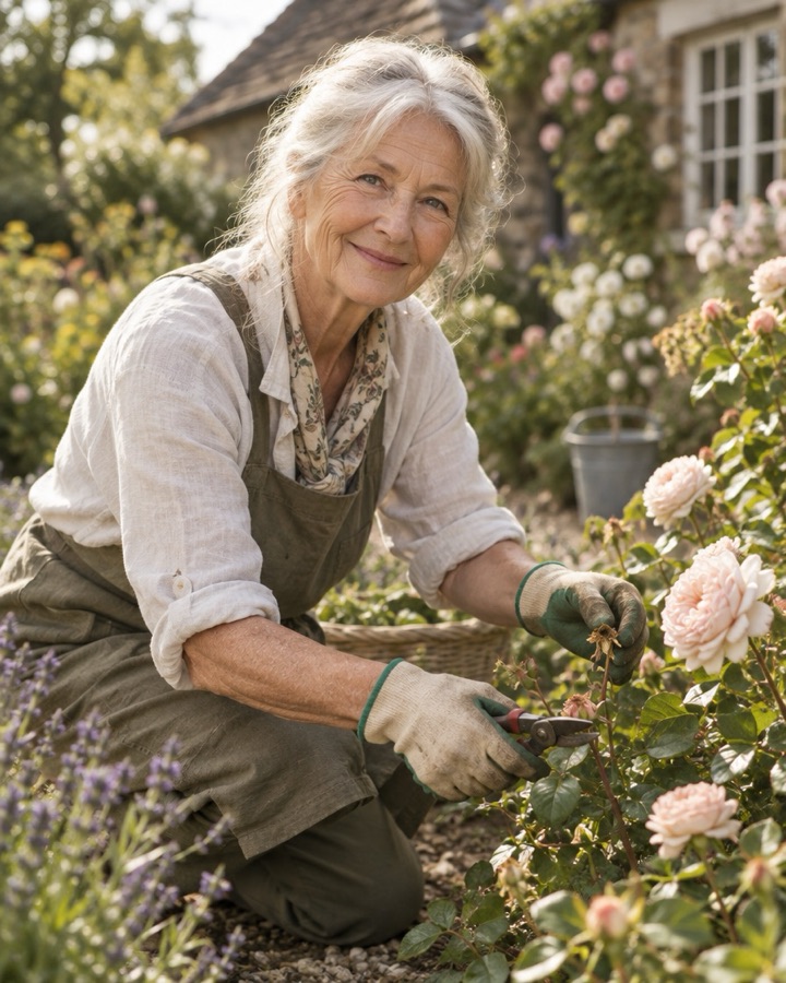An older woman pruning roses