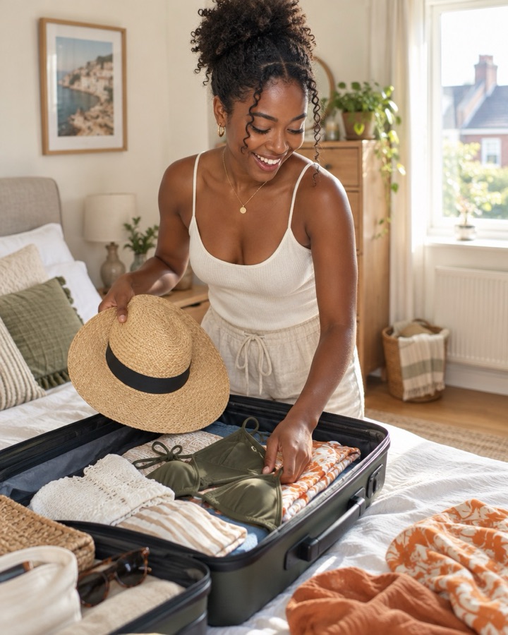 A young woman packing a suitcase