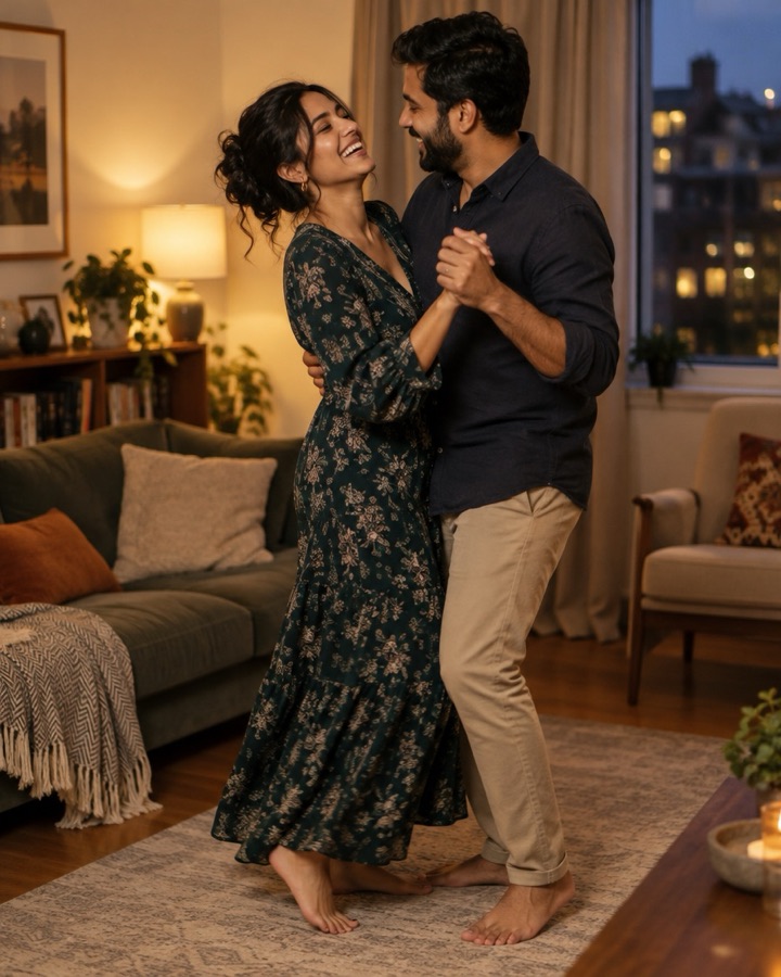 A couple slow dancing in their living room