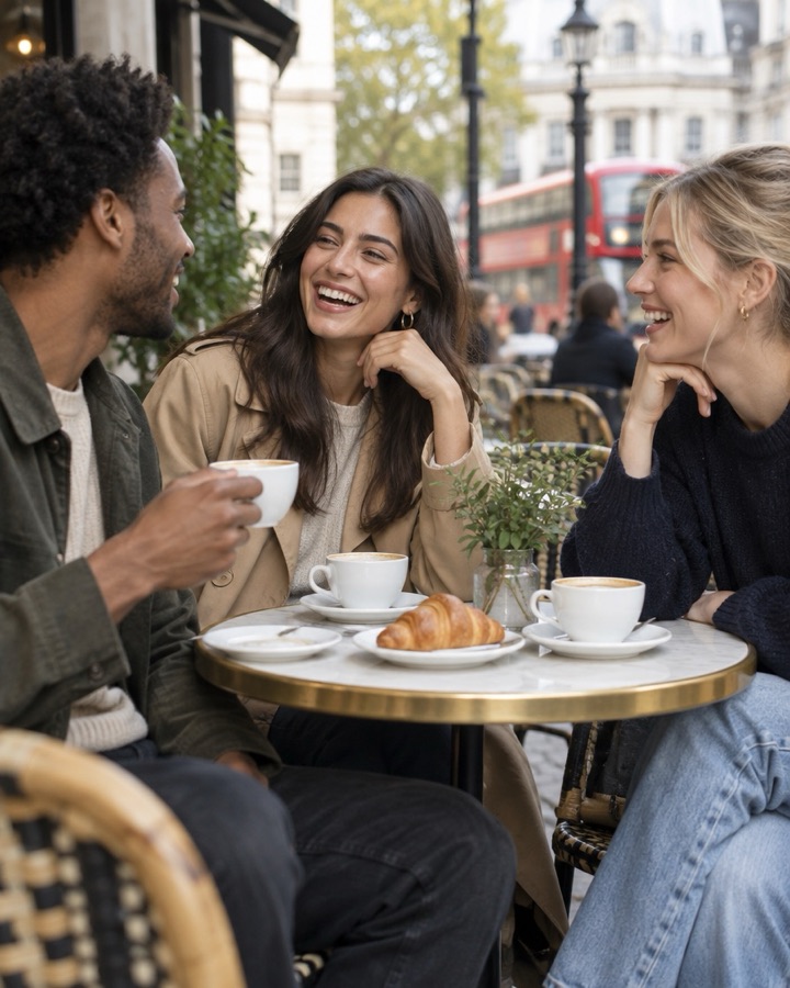Three friends laughing over coffee