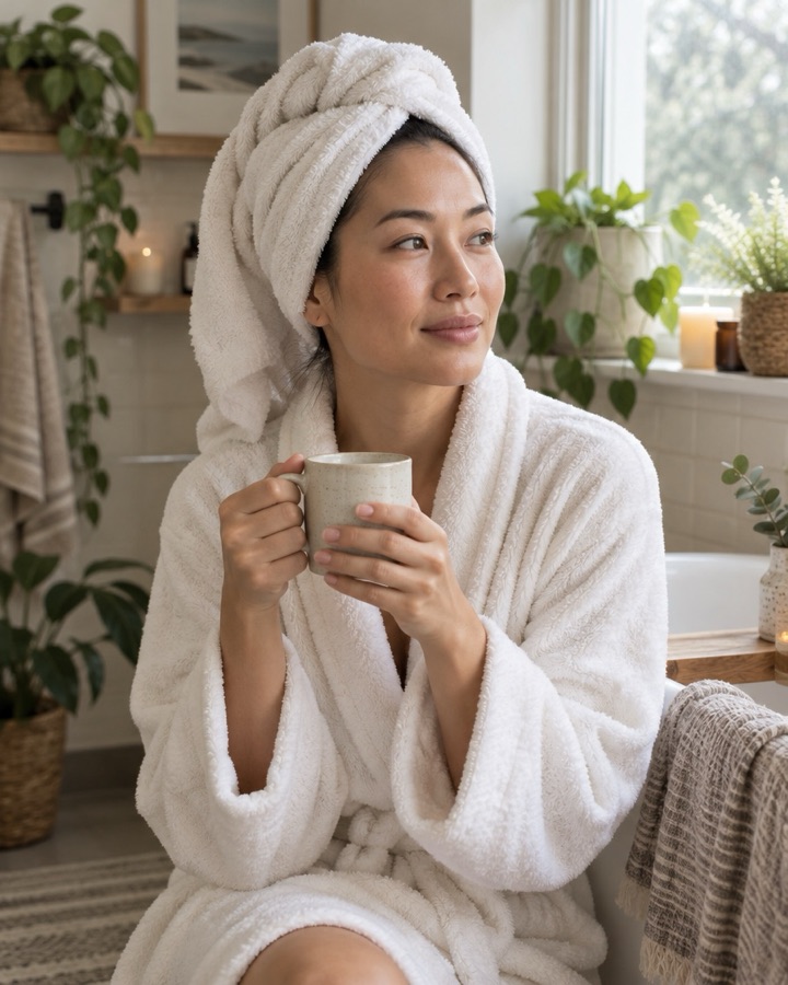 A woman in a dressing gown holding a mug