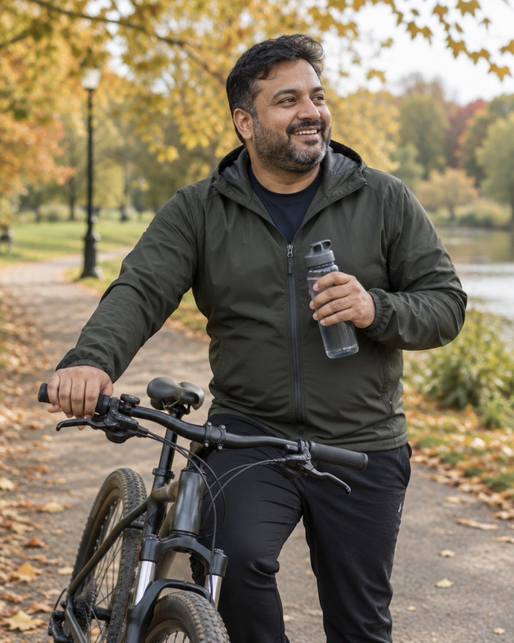 A man pausing on a bicycle in a park